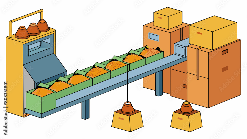 Poster Packaging tea bags in a factory A large machine is set up with rows of small rectangular plastic bags. The machine fills each bag with a precise. Cartoon Vector
