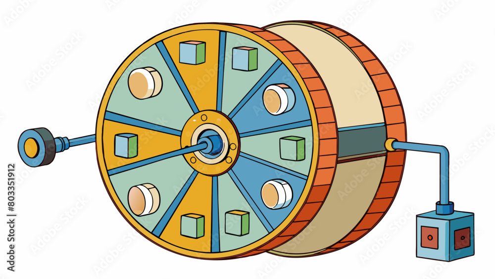 Poster Operation involves a large round wheel with different compartments and moving parts all connected to a central handle. Each compartment has a specific. Cartoon Vector