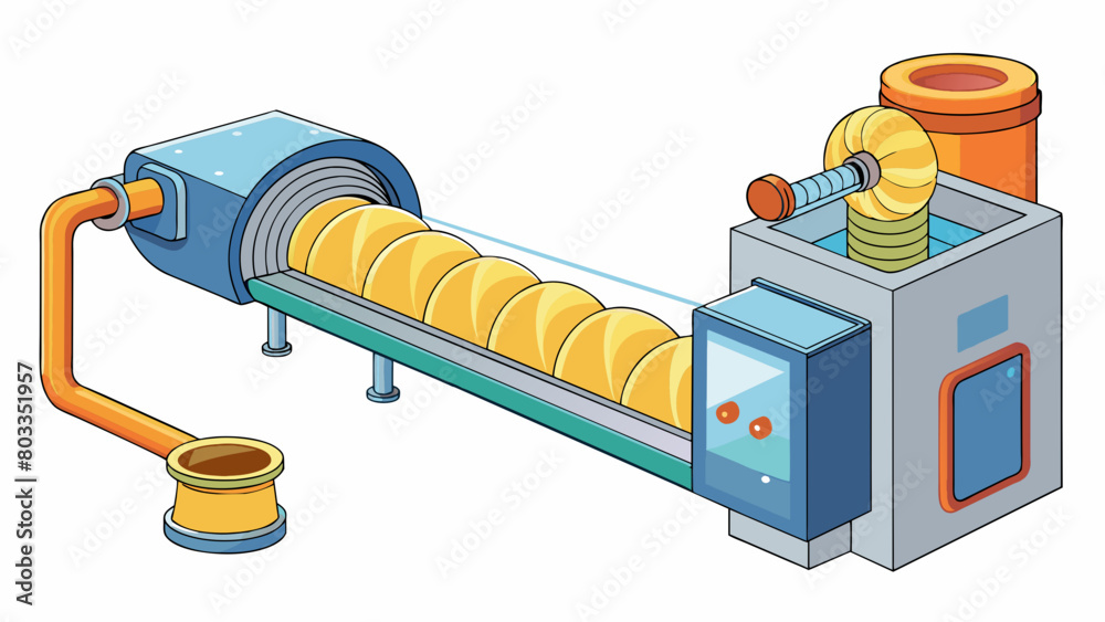 Poster Polymerization Process A long thin tube is twisting and turning as it leads to a huge machine. Inside the machine a thick sticky substance is being. Cartoon Vector