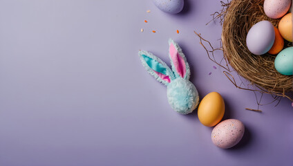 A stuffed blue bunny and several colorful Easter eggs on a purple background.

