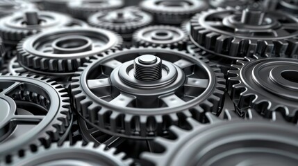Intricate 3D close-up of multiple steel wheels in motion, creating a visually engaging and mechanically inspired background