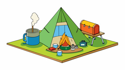 Preparing for a camping trip The tents taut fabric glistens in the sun supported by sy metal poles. A large heavyduty cooler is filled with ice and. Cartoon Vector