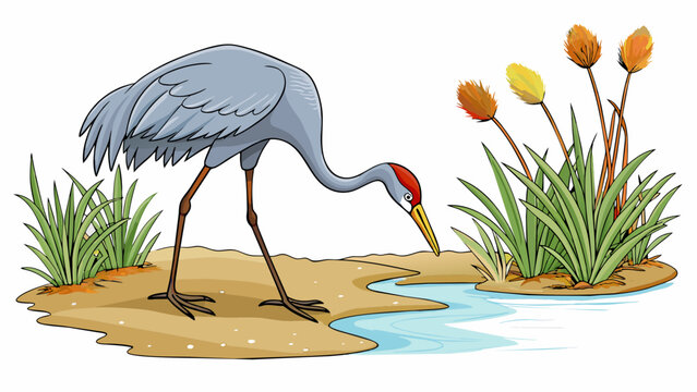 On the quiet riverbank a solitary sandhill crane foraged for food amidst the tall reeds. Its slender legs walked gingerly on the muddy ground while. Cartoon Vector