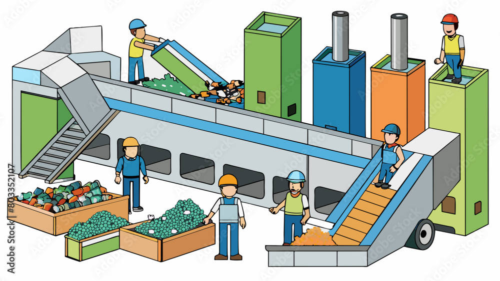 Poster recycling plant inside a large factorylike building workers are busy sorting through piles of paper 