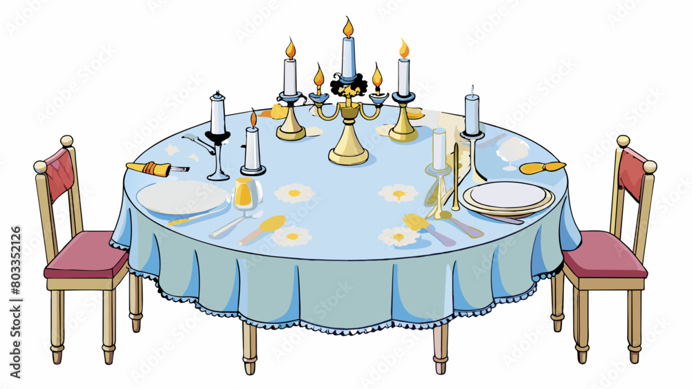 Poster setting up the table for a dinner party the tablecloth is carefully smoothed out over the wooden sur