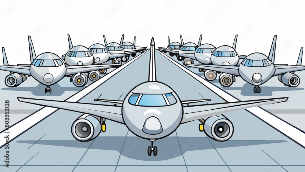 Poster Rows of sleek silver planes parked in perfect alignment on a wide open tarmac their engines humming softly in anticipation of takeoff.. Cartoon Vector