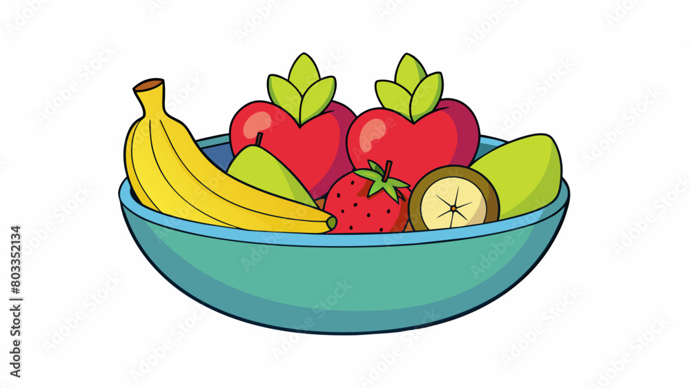 Poster Shape variation A bowl filled with different types of fruit each with its own shape such as round apples elongated bananas and heartshaped. Cartoon Vector