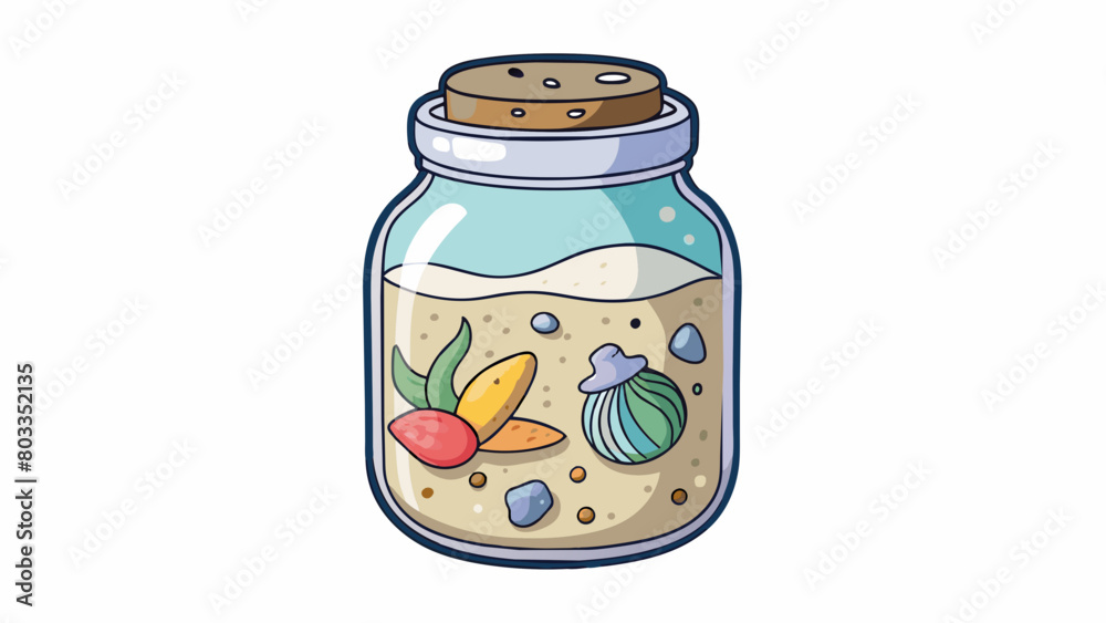 Poster Sand and seashell jar A mixture of sand and various seashells collected from the beach layered in a clear jar with different textures and shapes. Cartoon Vector