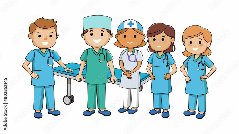 Poster several nurses and doctors in scrubs moving quickly around a hospital ward to care for patients and 