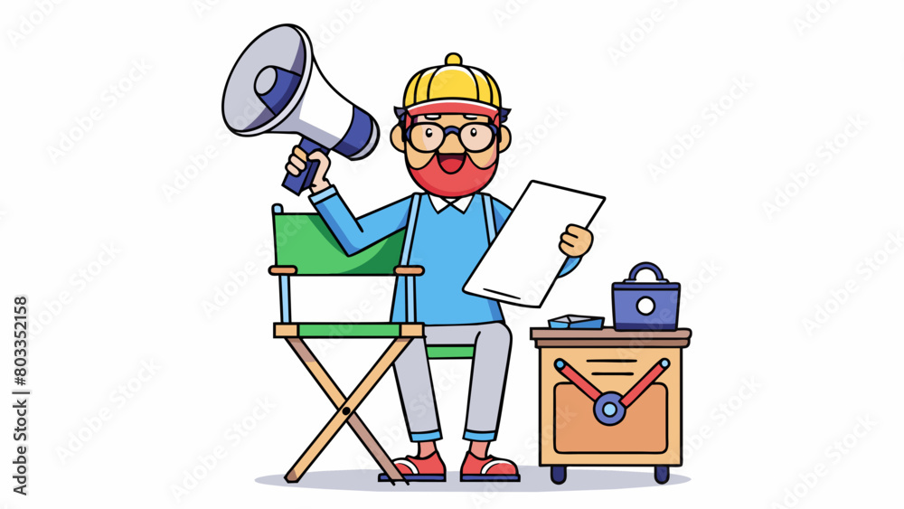 Poster Sitting in the directors chair a megaphone in hand the director scanned through the script one last time before calling action with a booming voice. A. Cartoon Vector