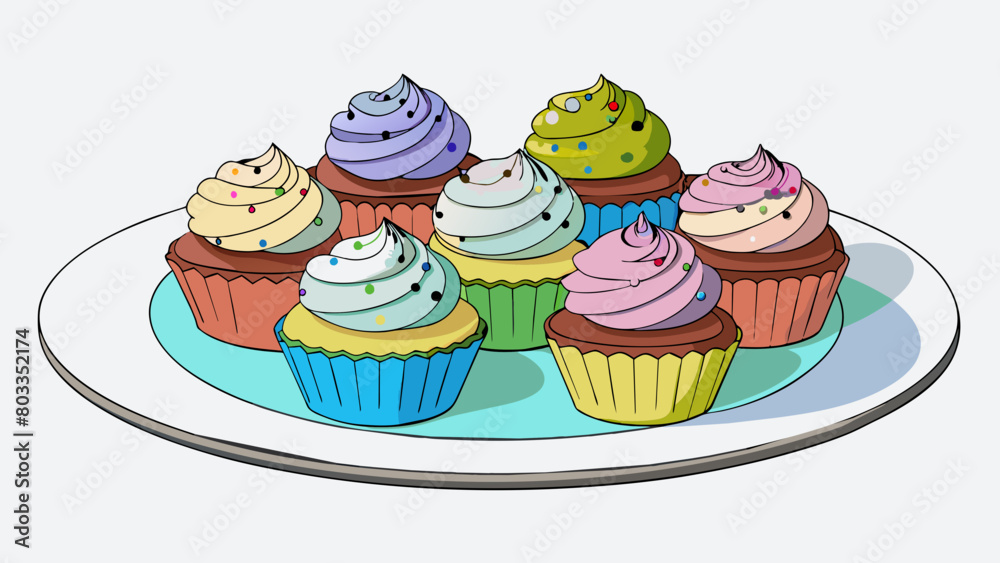 Poster six cupcakes on a plate each cupcake was frosted with a different flavor and had sprinkles on top. t