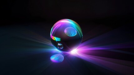 A luminescent, crystal orb centered on a sleek, deep black studio background, casting a rainbow spectrum of light across the surface.