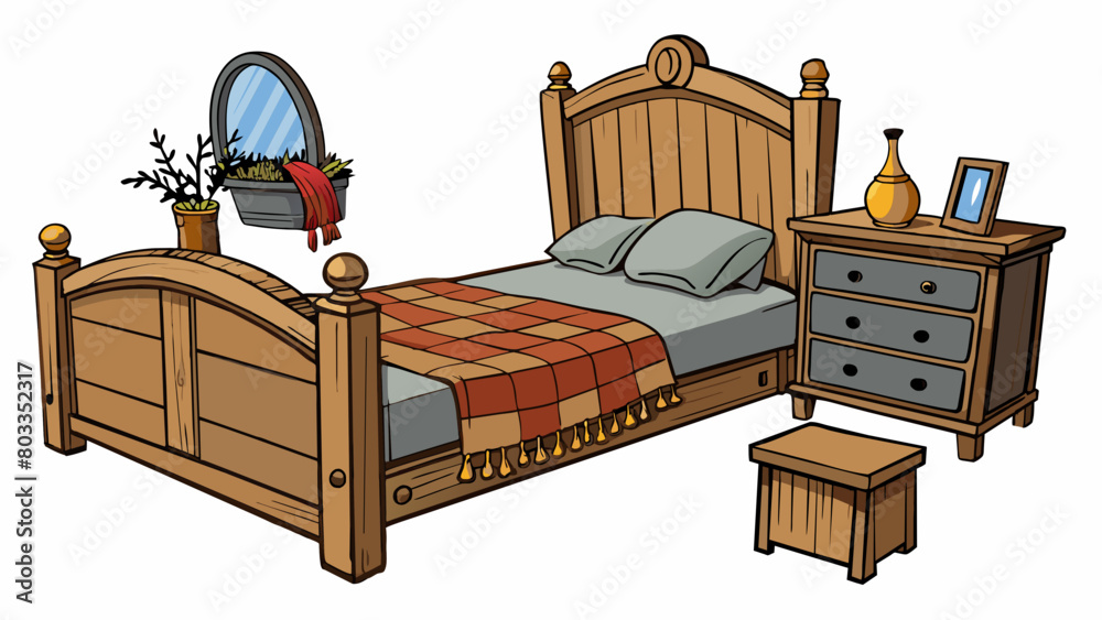 Poster the bedroom has a rustic feel with a wooden bed frame and matching dresser. the walls are covered in
