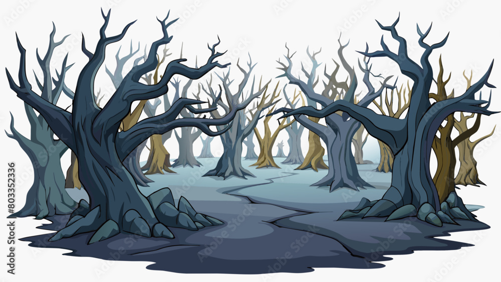 Poster the backdrop depicts a dark eerie forest with twisted branches and gnarled trees looming over the ch