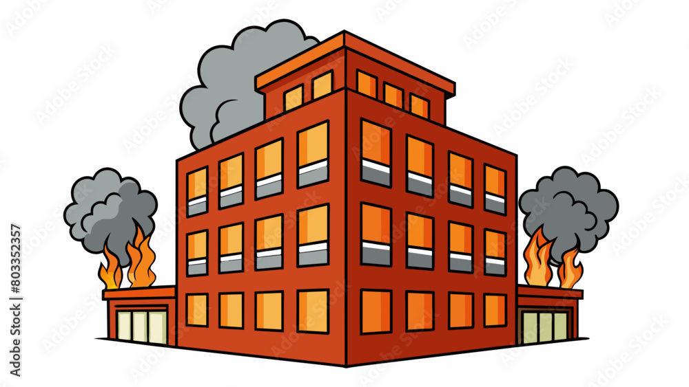 Poster  The building appears to be a multistory structure with brick walls and large windows. Flames are visible from the upper floors and the smoke is dark. Cartoon Vector