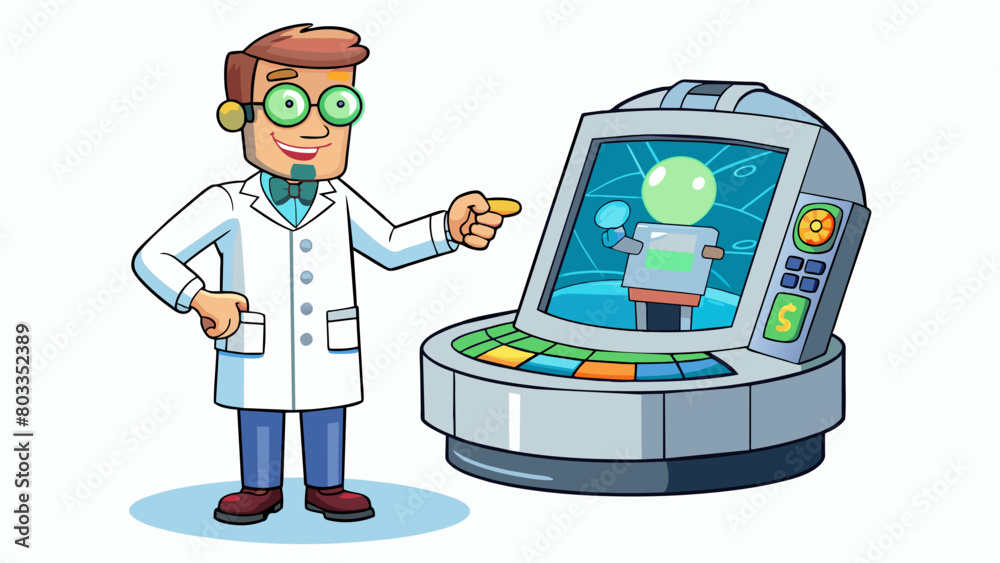 Aufkleber The camera zooms in on a glowing futuristic device with sleek lines and a touch screen as a scientist eagerly inputs data and prepares for a. Cartoon Vector