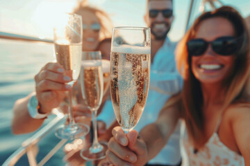 Group of friends having fun together and drinking champagne while sailing in the sea on luxury...