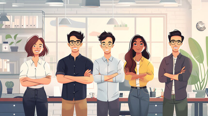 Naklejka premium A group of young professionals standing in an office, smiling and crossing their arms. They are dressed in business casual attire.