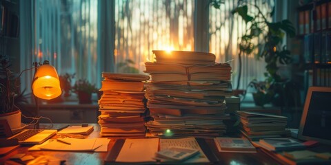 A desk full of books and papers with a lamp on the left and a window in the background