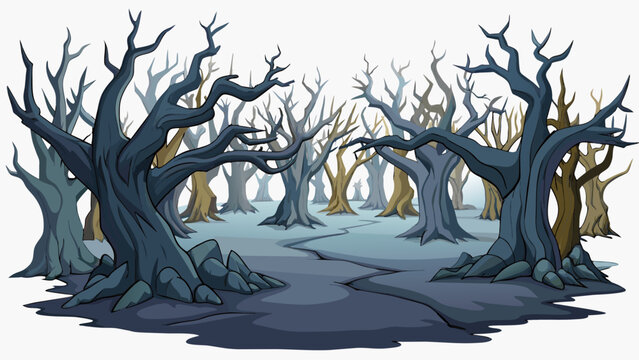 The backdrop depicts a dark eerie forest with twisted branches and gnarled trees looming over the characters. A faint fog settles over the stage. Cartoon Vector