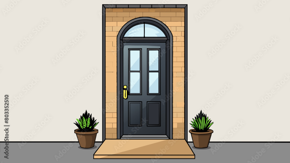 Poster the entryway is simple yet elegant with a sleek black door leading into the building. a small window