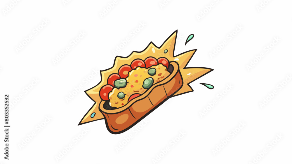 Poster  The first bite reveals a burst of savory flavors and the satisfying crunch of the toppings.. Cartoon Vector