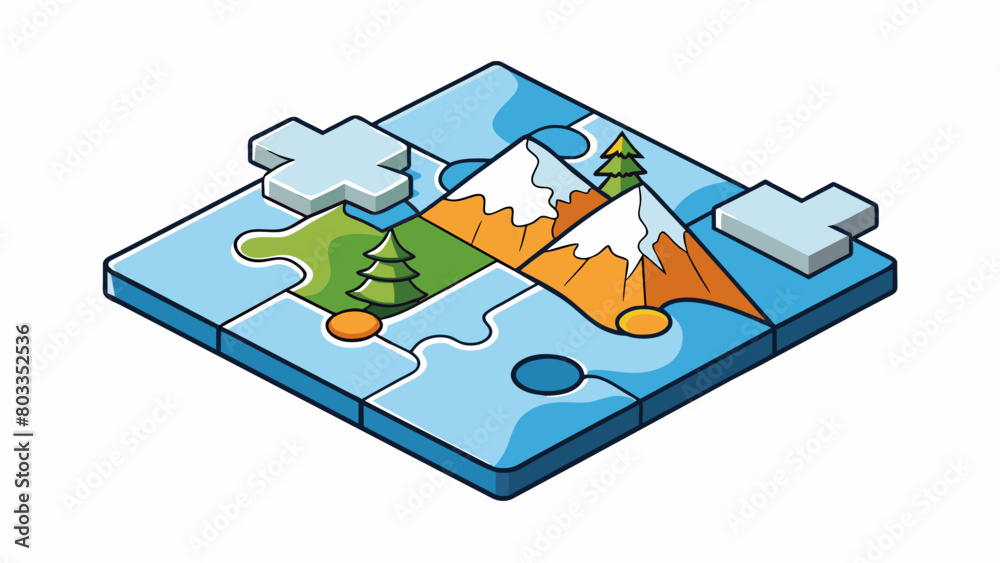 Poster the final puzzle piece snapped into place completing the intricate image of a snowy mountain scene. 