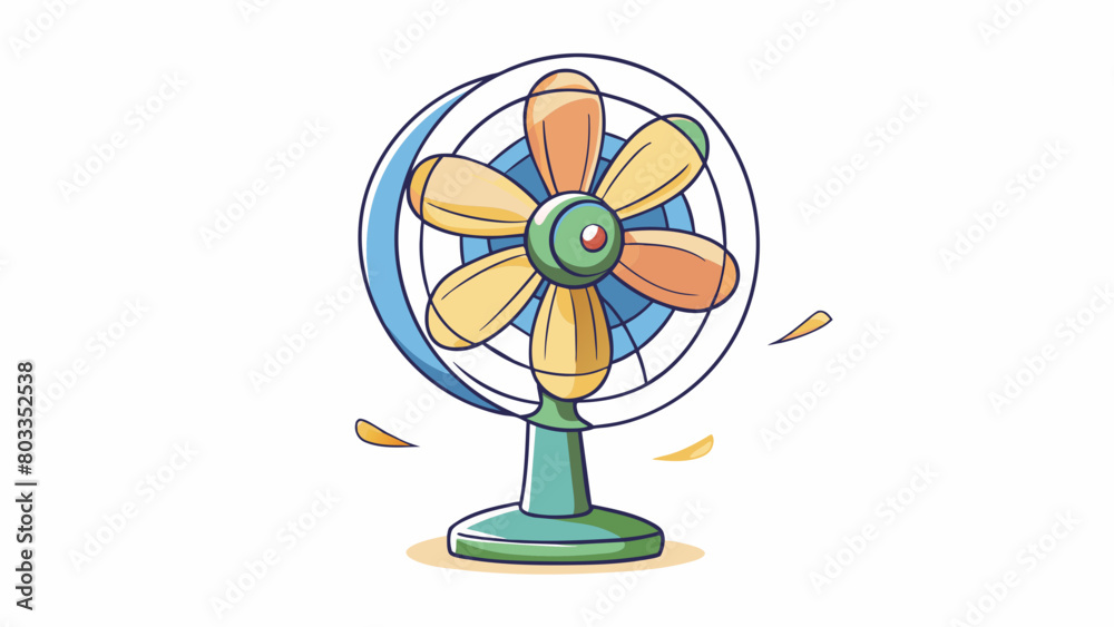 Poster The fan blades rotating in a steady rhythm creating a gentle breeze that cools down the stuffy summer air in the room.. Cartoon Vector