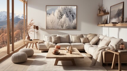 A cozy living room with a large sectional sofa, coffee table, rug, and picture of snow-covered trees.