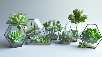 A minimalist arrangement of various shades of green succulents in geometric terrariums, against a pure white studio background.