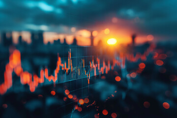 A vibrant financial graph overlay on a blurred cityscape at sunset, symbolizing market dynamics and the volatile nature of global economies.