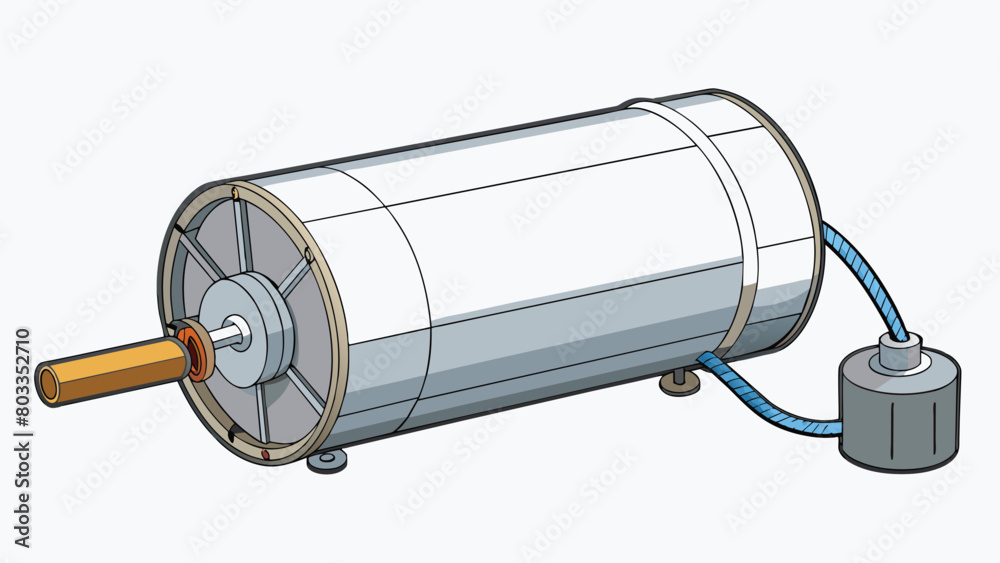Poster the motor is a large silver cylinder attached to a metal frame. it has wires protruding from one end