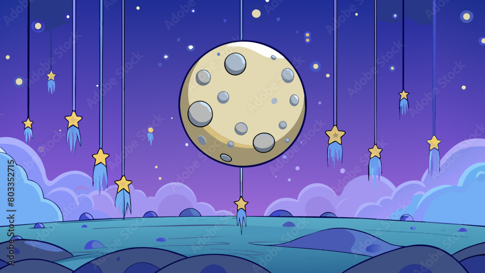 Poster The moon hangs low in the sky casting a soft ethereal glow on the surrounding landscape. Stars le above like diamonds tered across a velvet blanket.. Cartoon Vector
