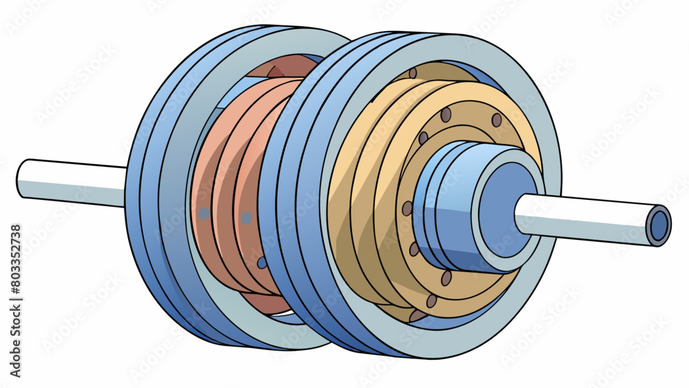 Poster The motor is a small circular object made up of multiple stacked metal discs. At the center there is a metal rod that extends out allowing the motor. Cartoon Vector