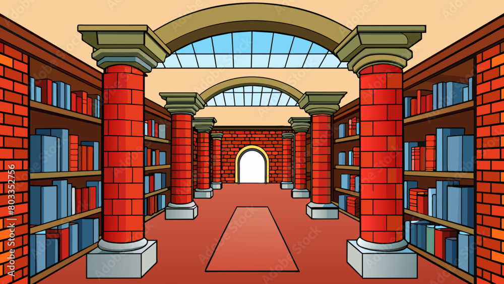 Poster the old library was a grand building made of red brick and towering pillars. inside the ceiling was 