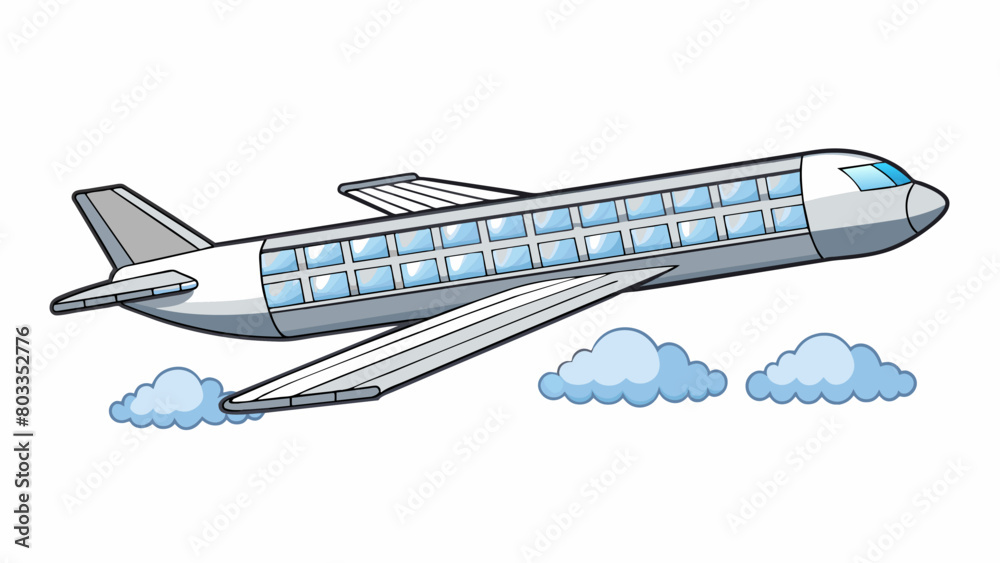 Poster The plane soared into the sky its powerful engines propelling it upwards. Its sleek silver body was adorned with rows of windows resembling sparkling. Cartoon Vector