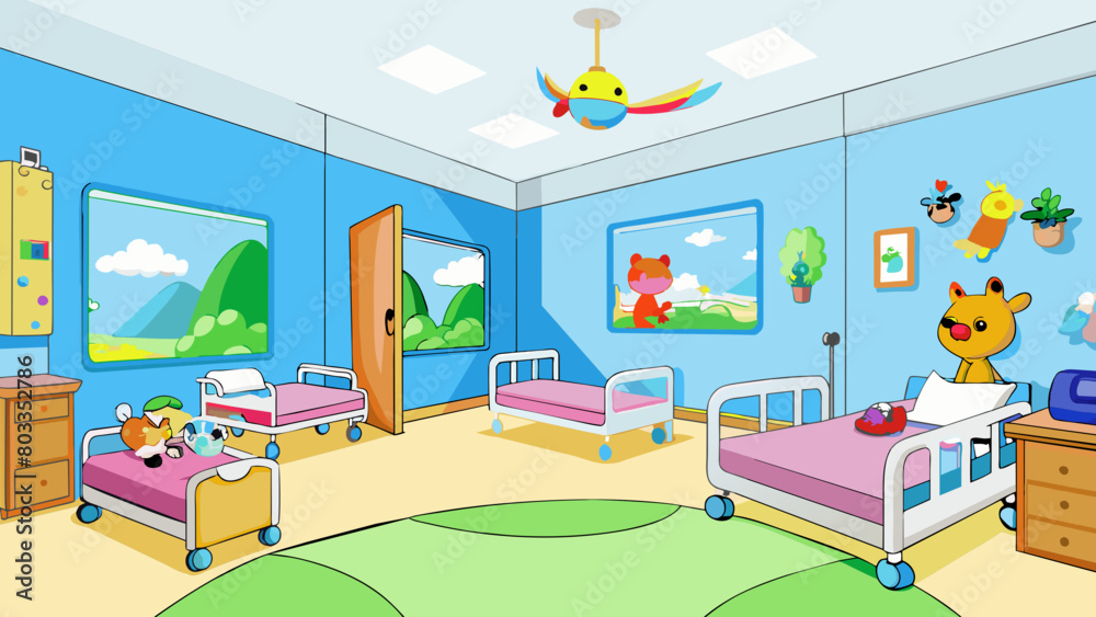 Wall mural the pediatric ward is a bright and cheerful space with colorful murals decorating the walls and ceil