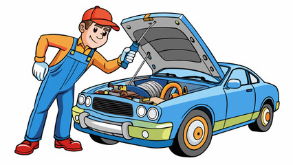 The mechanic raised the hood of the car and began repairing the damaged engine. The engine was a complex web of metal pipes and wires with the. Cartoon Vector