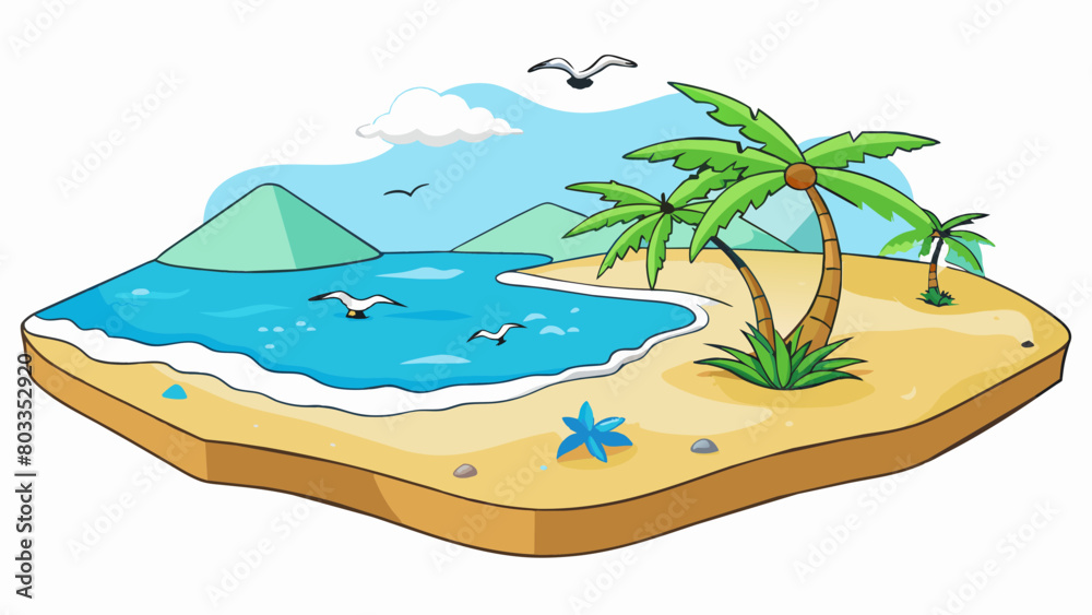 Wall mural The soft sand beneath your feet shifts and ripples with each step the sound of waves crashing against the shore filling your ears. In the distance. Cartoon Vector