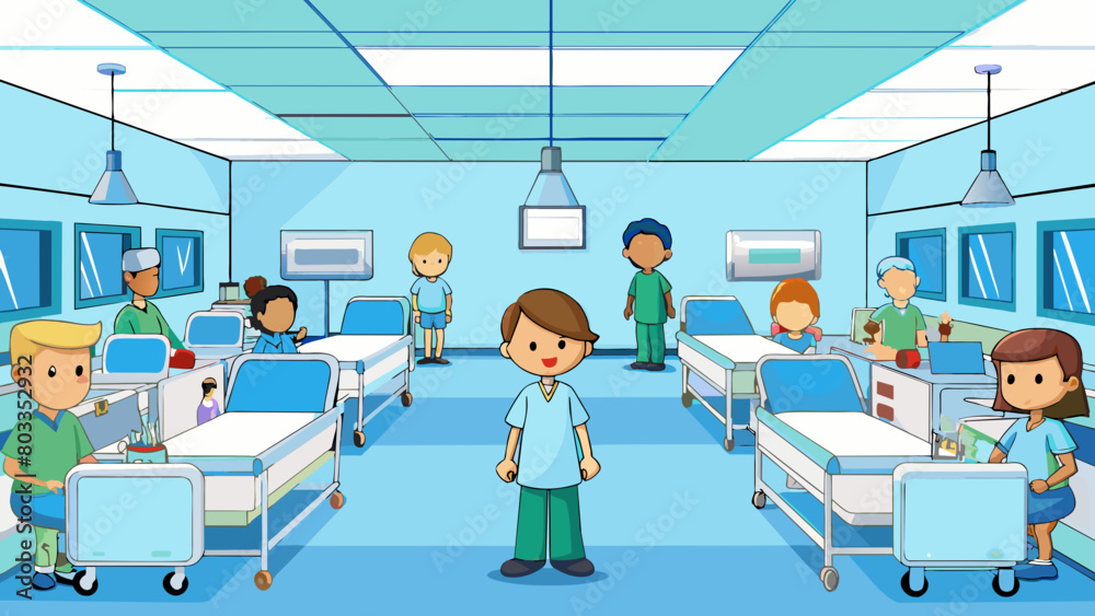 Poster the room is brightly lit and filled with rows of beds each with a patient lying in it. the walls are