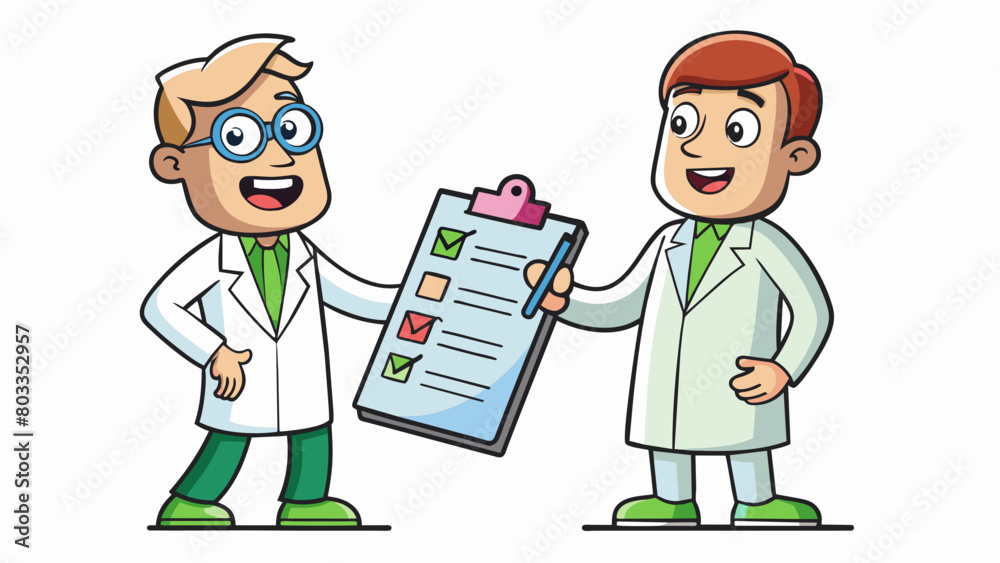 Poster The scientist gave an assignment to their assistant to conduct research and collect data on the effects of a new medication.. Cartoon Vector