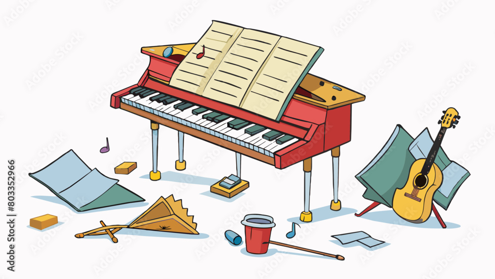 Poster The surface of the piano is littered with sheet music some open and resting on the music stand while others are tered on the keys. A metronome sits on. Cartoon Vector