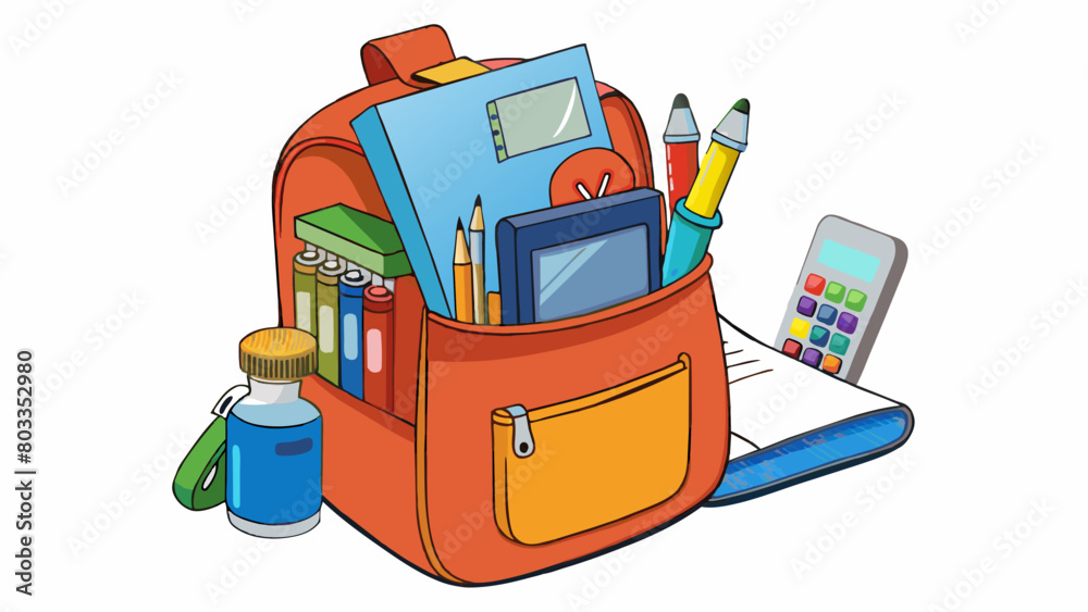 Poster the students backpack was overflowing with books notes and supplies. tucked a the chaos was a calcul