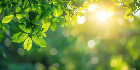 New fresh leaves on green spring bokeh blur background Blurred bokeh background of fresh green spring, summeNew fresh leaves on green spring bokeh br foliage of tree leaves with blue sky and sun flare
