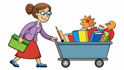 The teacher pushed a cart filled with books art supplies and other materials into the crowded classroom. With her hair in a messy bun and a large tote. Cartoon Vector