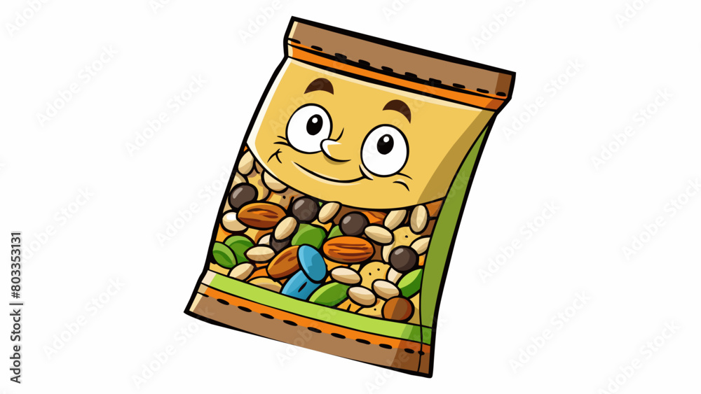 Poster Trail mix A blend of different snacks like peanuts raisins and chocolate chips all of different sizes and shapes found in a resealable bag.. Cartoon Vector