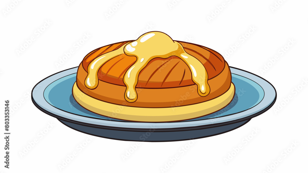 Poster topped with a generous drizzle of syrup and a pat of melting butter on top. . cartoon vector