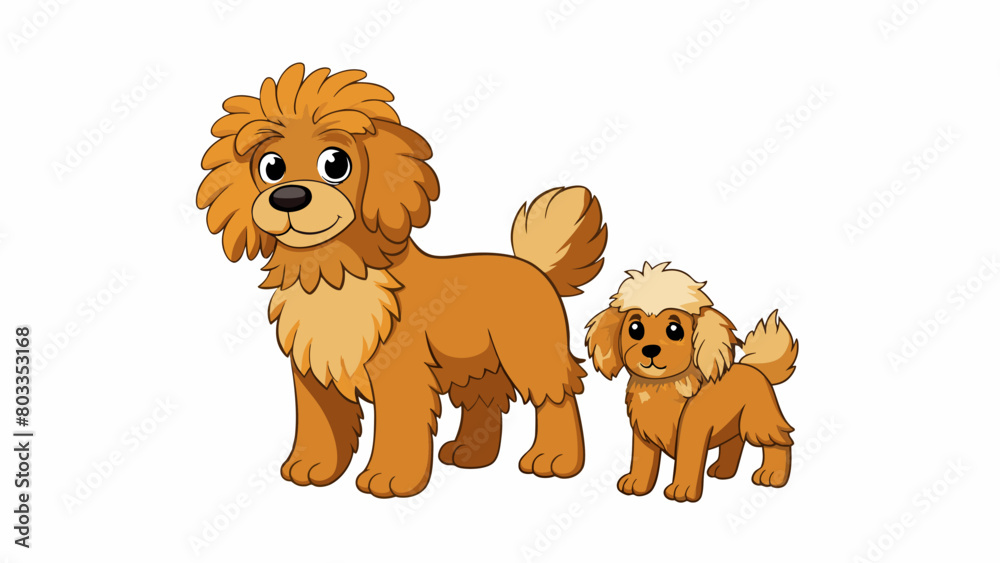 Poster two dogs one is a small fluffy breed with long curly fur while the other is a large muscular breed w