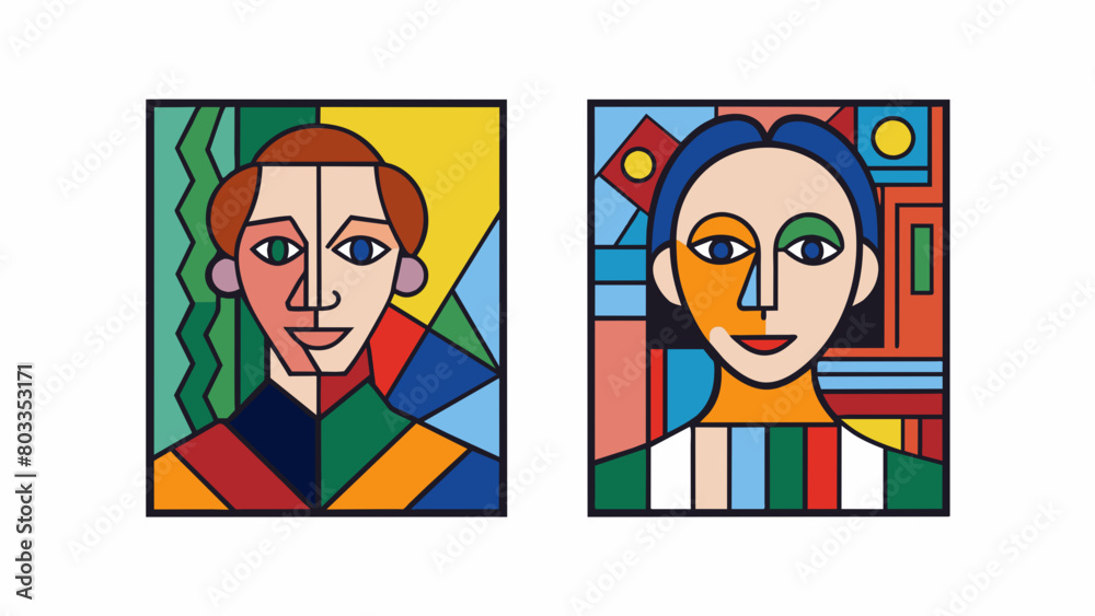Poster two paintings one is a colorful abstract piece with bold brushstrokes and geometric shapes while the