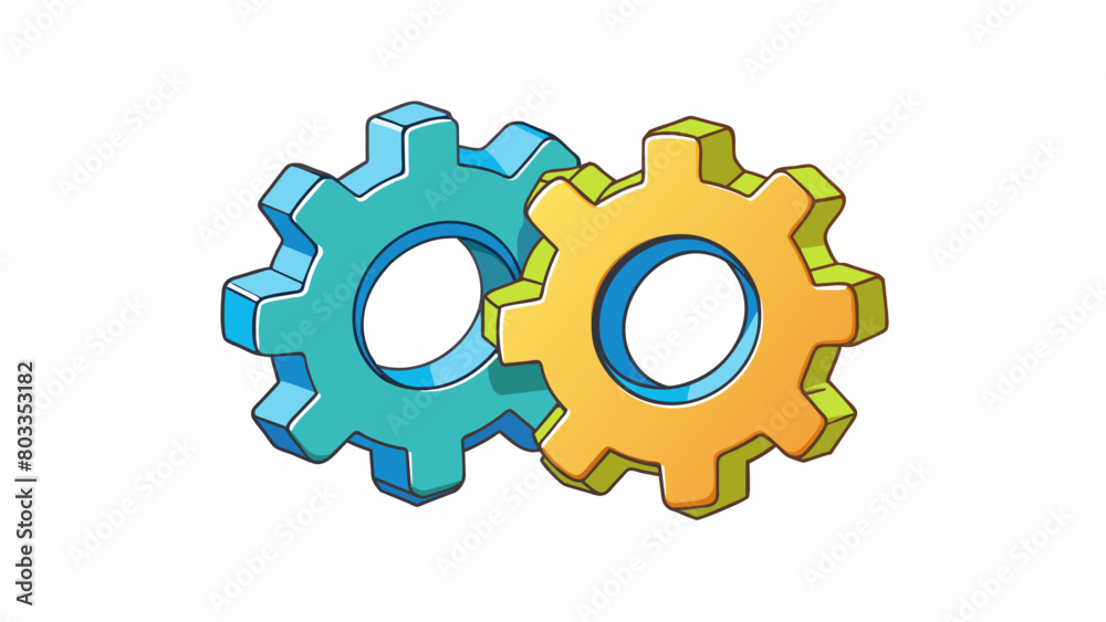 Poster Two gears interlocking and turning together representing the importance of teamwork and collaboration in a successful relationship as both partners. Cartoon Vector
